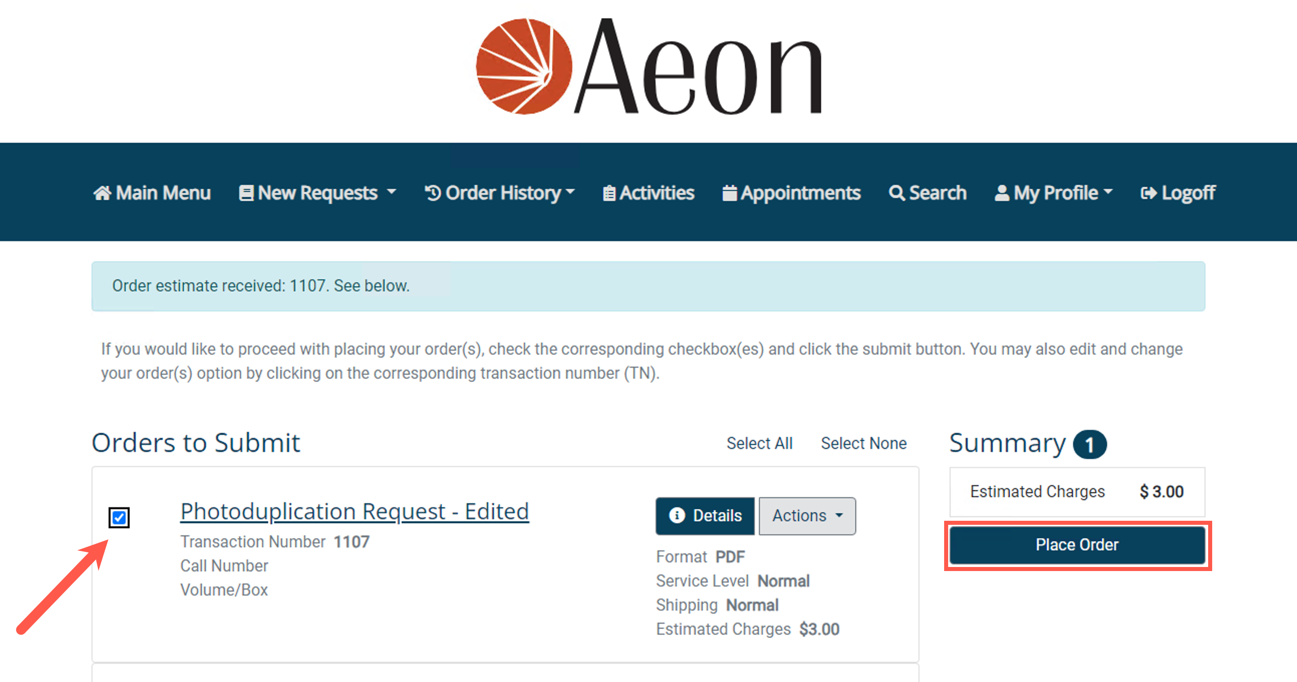Place order button on the Orders to Submit page